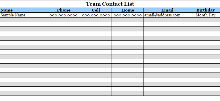 team contact list template