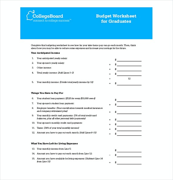 Budget Worksheet for Graduates