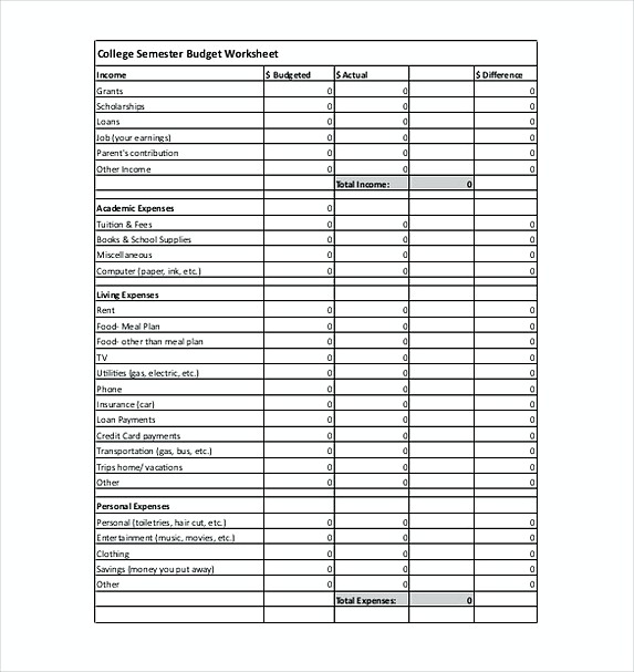 College Semester Budget Worksheet