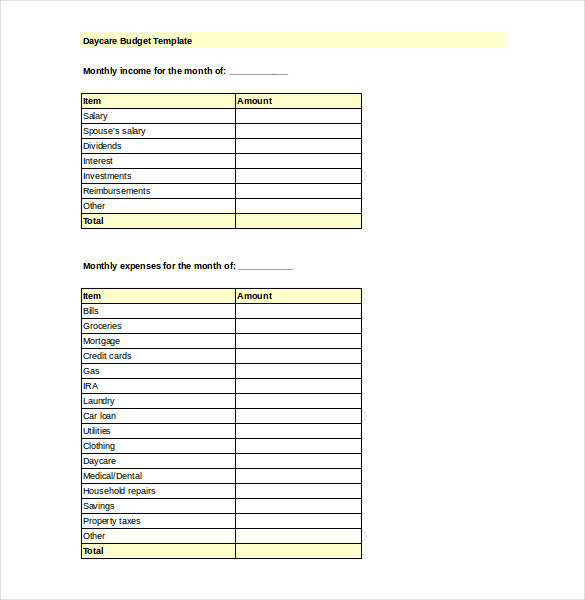 Daycare Budget Template