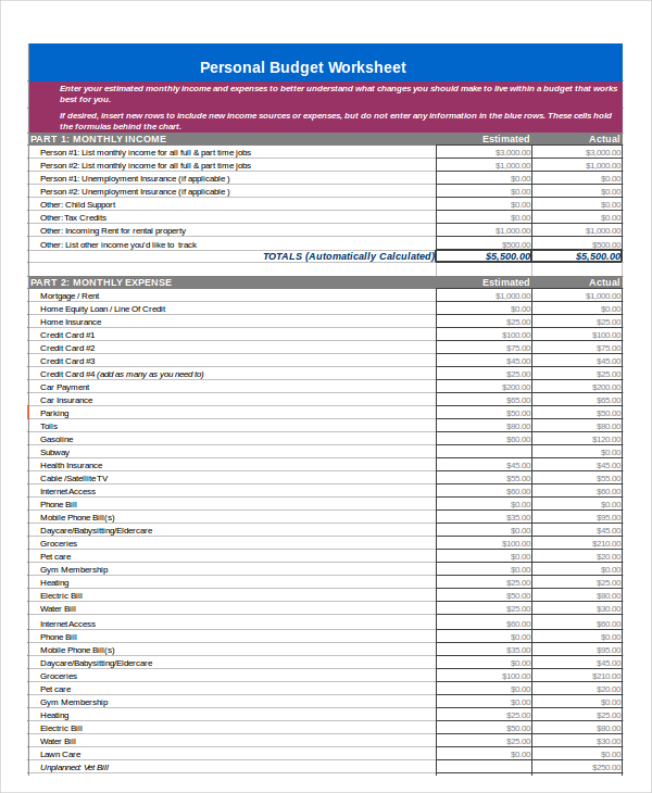 Free Personal Budget Template