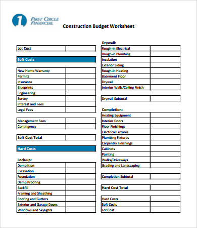 Home Construction Budget Worksheet