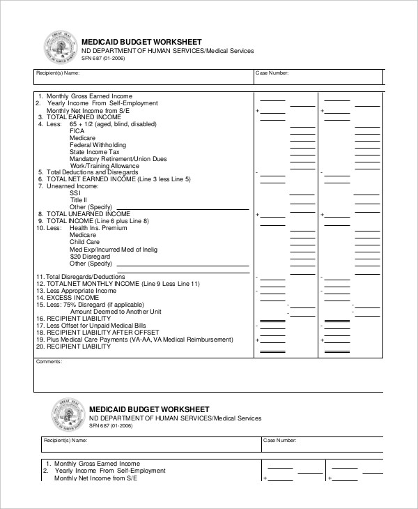 Medicaid Budget Worksheet