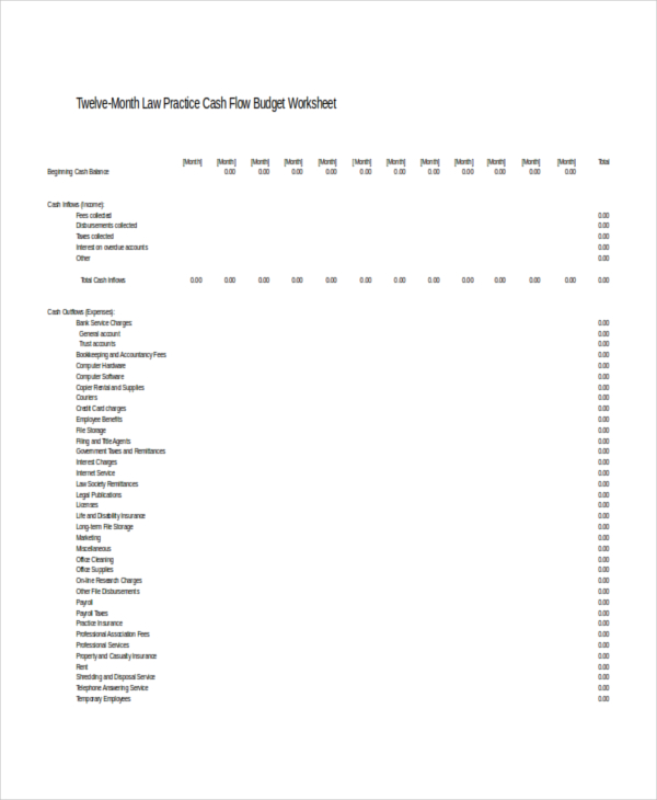 Month Law Practice Cash Flow Budget Worksheet