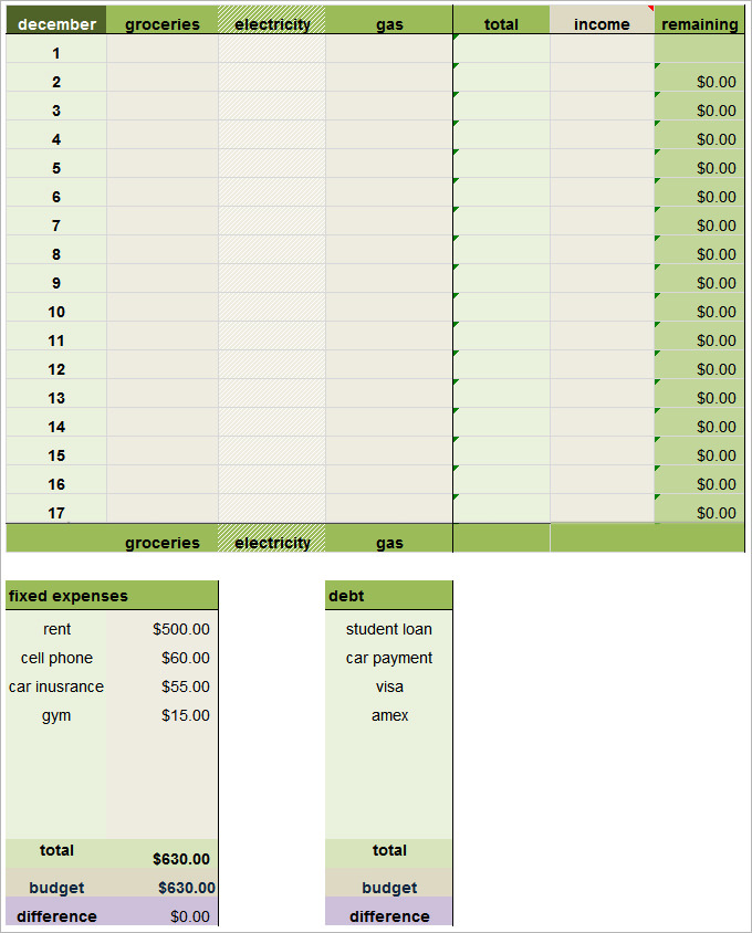 Monthly Budget Worksheet Template