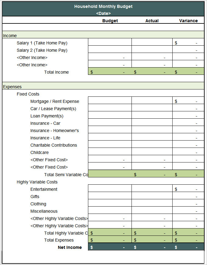 Monthly Household Budget Template