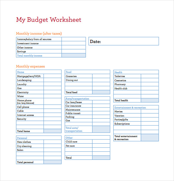 My Budget Worksheet Template Free