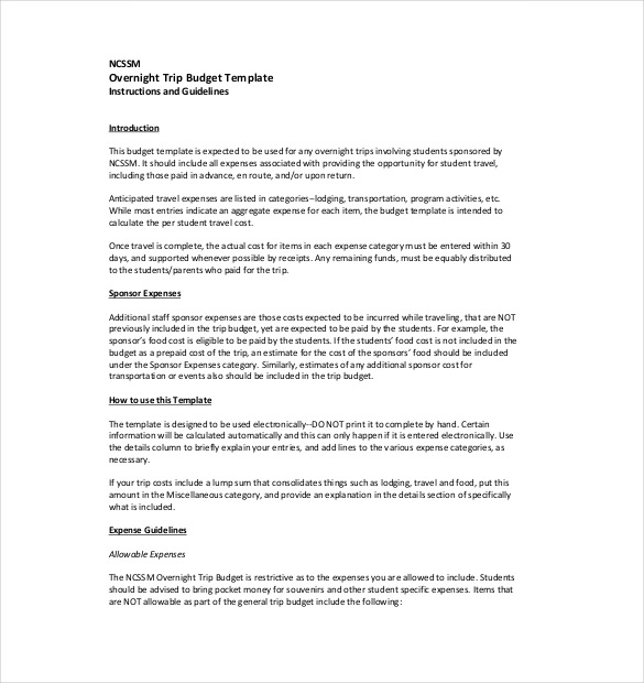 Overnight Trip Budget Template File