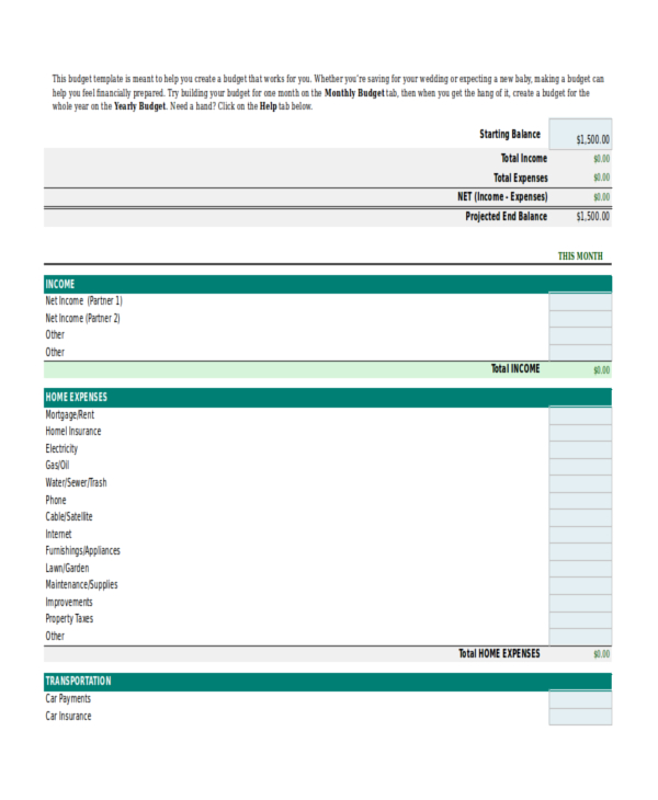 Partners Monthly Budget Template