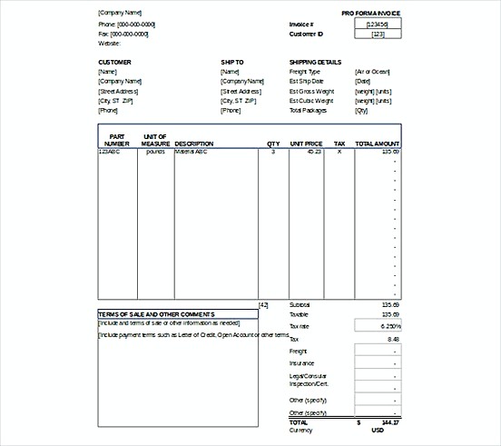 Proforma Invoice templatess XLS Format