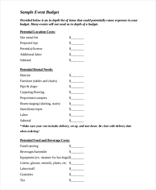 Sample Event Budget Template