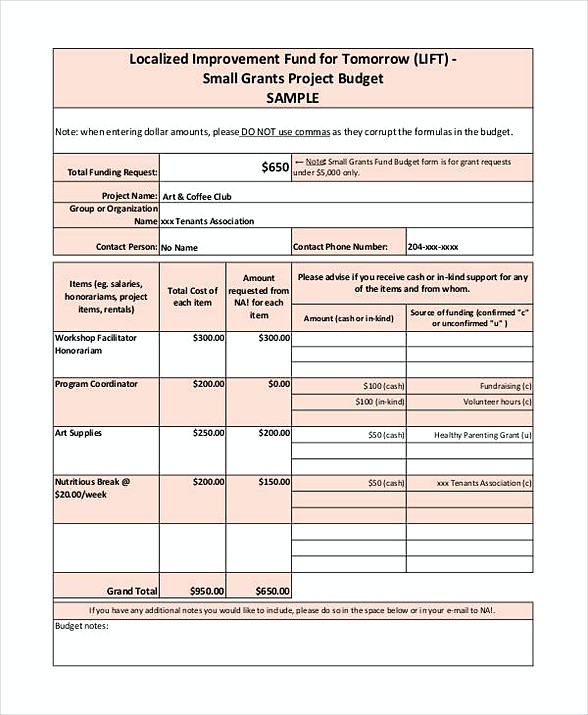 Small Grant Budget Template