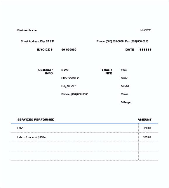 auto repair invoice templates free