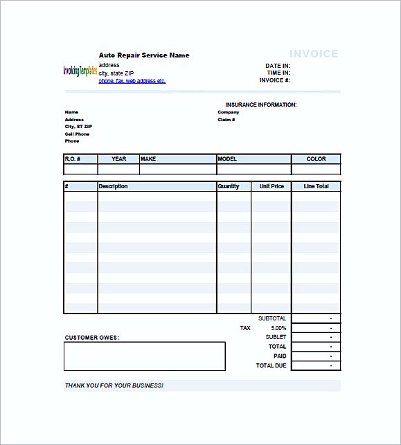 auto repair invoice templates