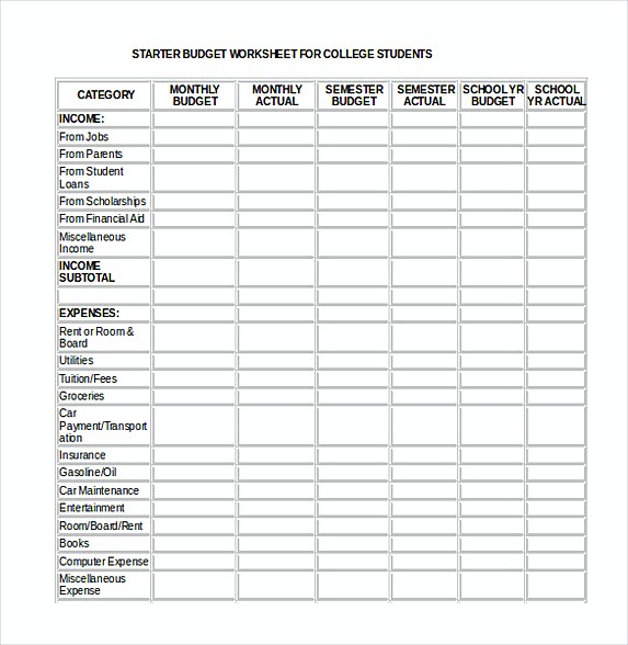 college student monthly budget template