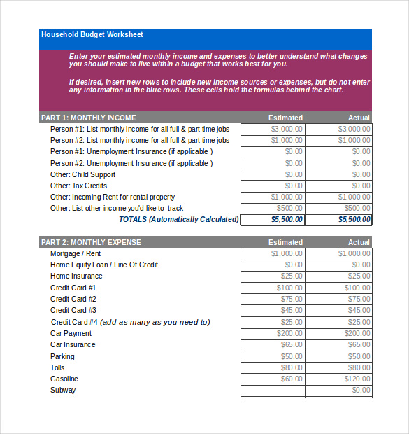 household budget template excel