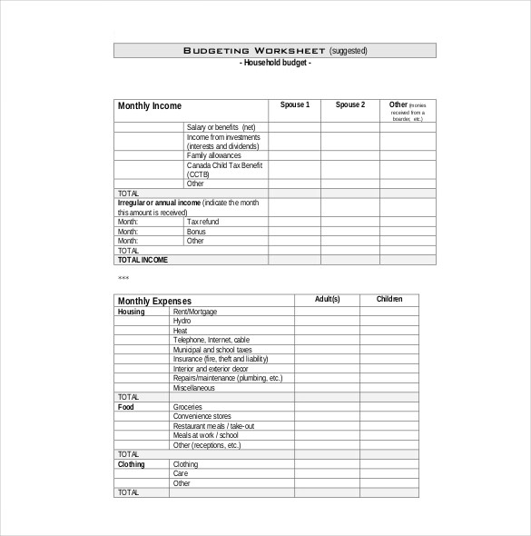 household budget worksheet
