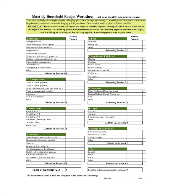 monthly household budget template
