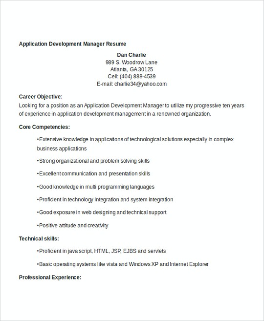 Application Development Manager resume template