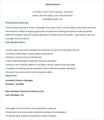 Assistant Finance Manager resume template Sample