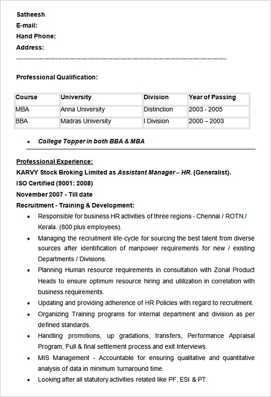 Assistant Manager HR resume template Example