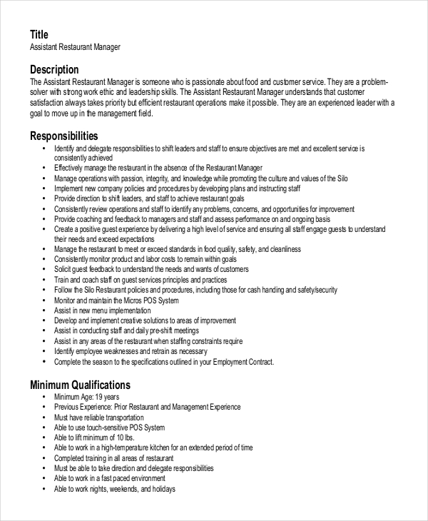 Assistant Restaurant Manager Resume
