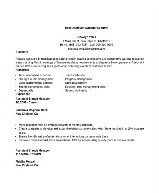 Bank Assistant Manager resume template