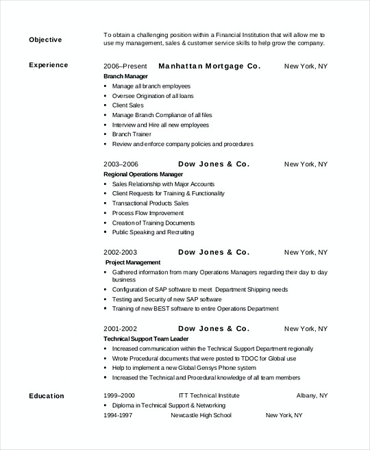 Bank Manager resume template PDF