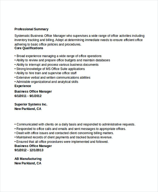 Business Office Manager resume template