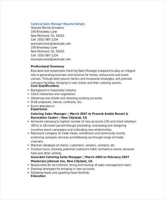 Catering Sales Manager resume template