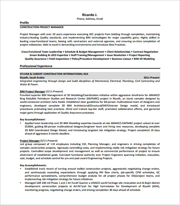 Construction Project Manager Resume Free
