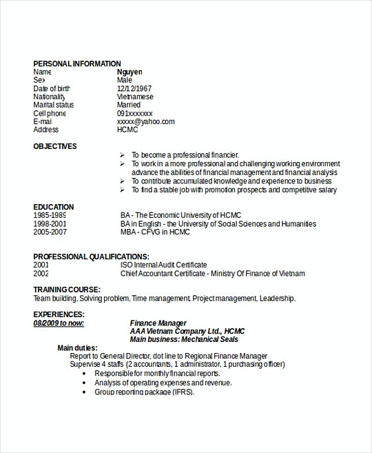 Finance Manager resume template Doc