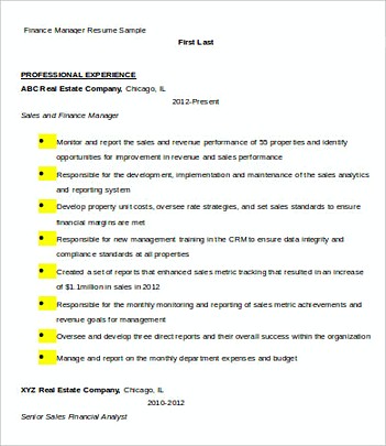 Finance Manager resume template Sample