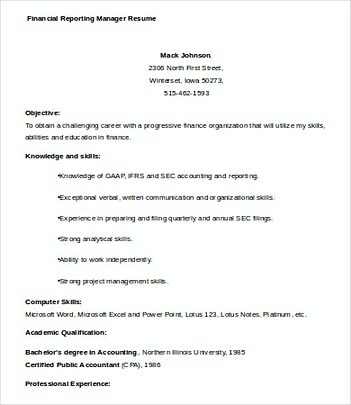Financial Reporting Manager resume template
