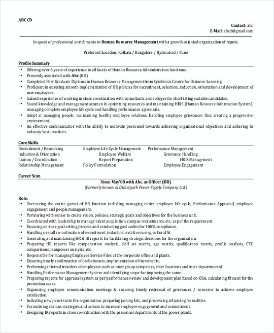 Hr Manager resume template Format