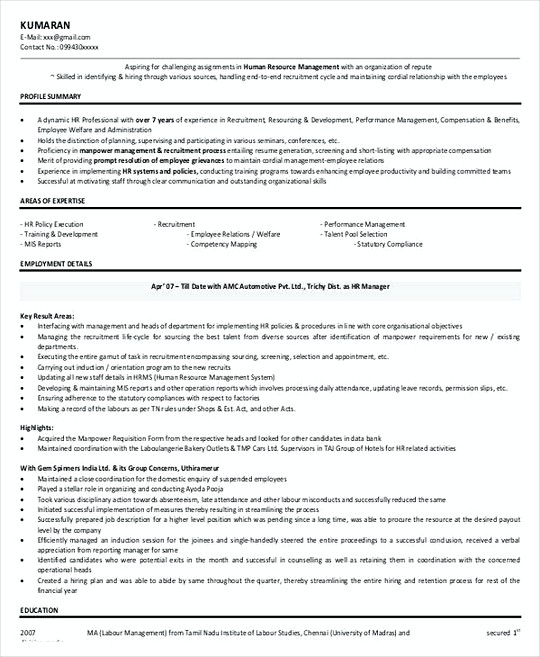 Hr Recruitment Manager resume template