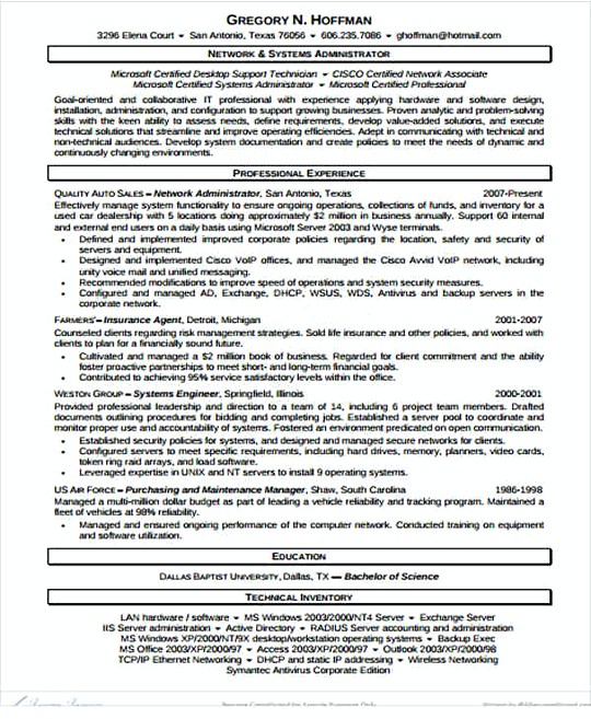 IT Network Administrator resume template