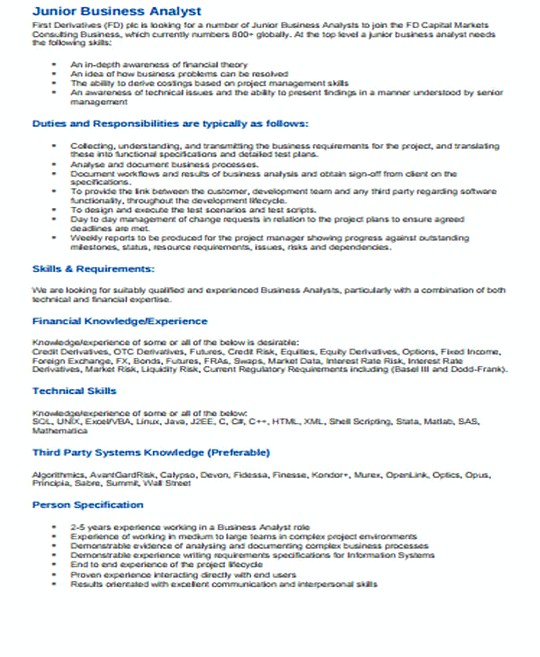 Junior IT Business Analyst resume template