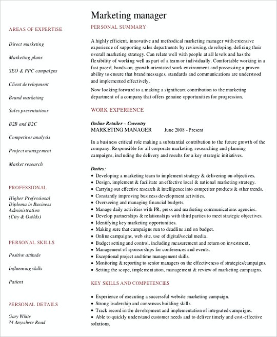 Marketing Manager resume template Sample