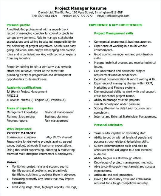 Project Manager resume template Example