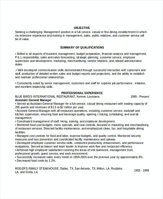 Restaurant General Manager resume template