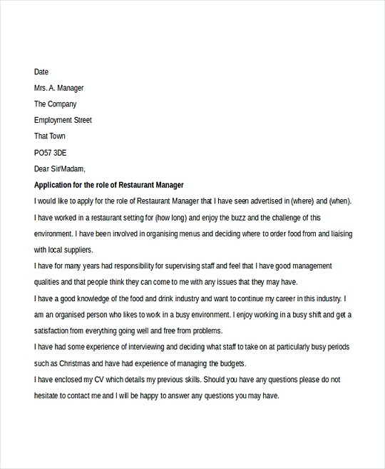 Restaurant Manager resume template Cover Letter