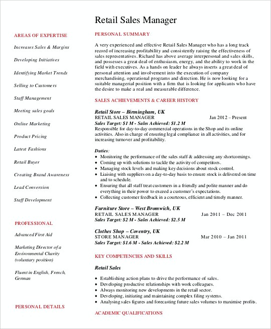 Retail Sales Manager resume template