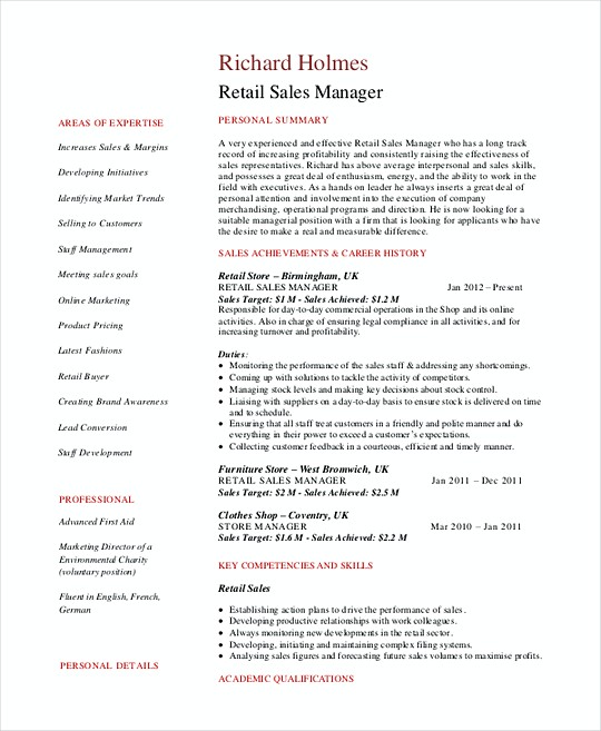 Retail Sales Manager resume template