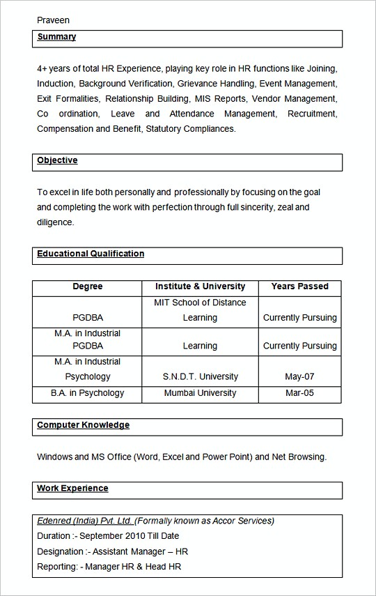 Sample Assistant Manager HRresume template