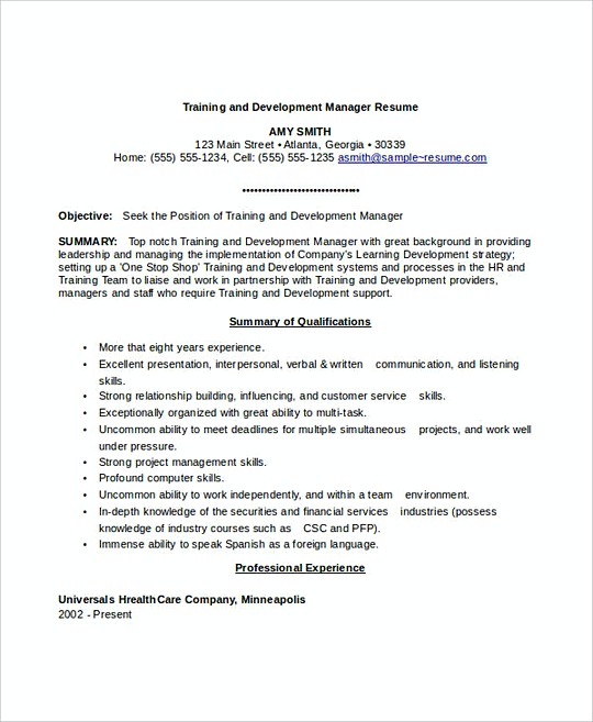 Training and Development Manager resume template