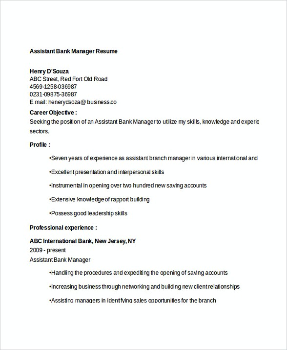 Assistant Bank Manager Resume Assistant Bank Manager Resume