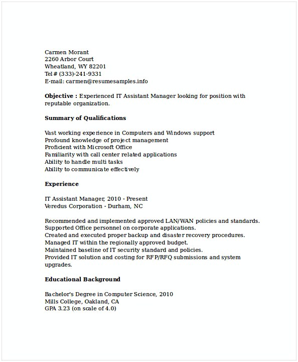 Assistant IT Manager Resume Assistant IT Manager Resume