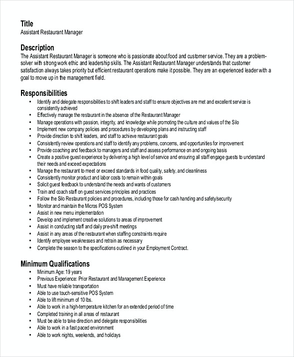 Assistant Restaurant Manager Resume Assistant Restaurant Manager Resume