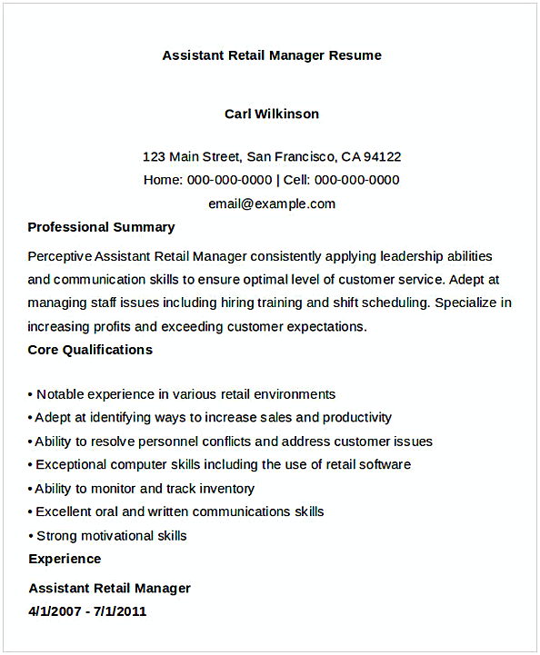 Assistant Retail Manager Resume Assistant Retail Manager Resume